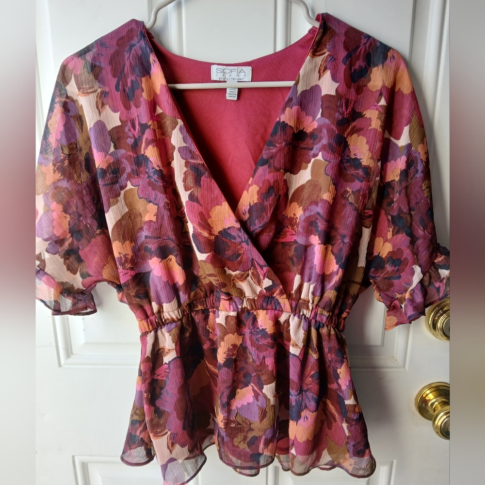 Sofia by Sofia Vergara Floral Peplum Top Maroon Brown V-Neck Women’s Size S